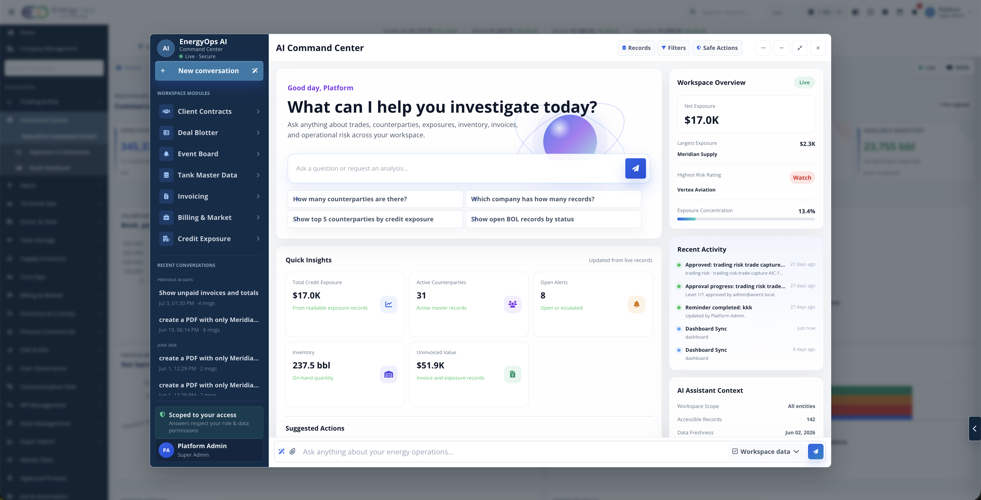 Energy Ops Software AI Command Center with workspace modules, quick insights, suggested actions, and assistant context