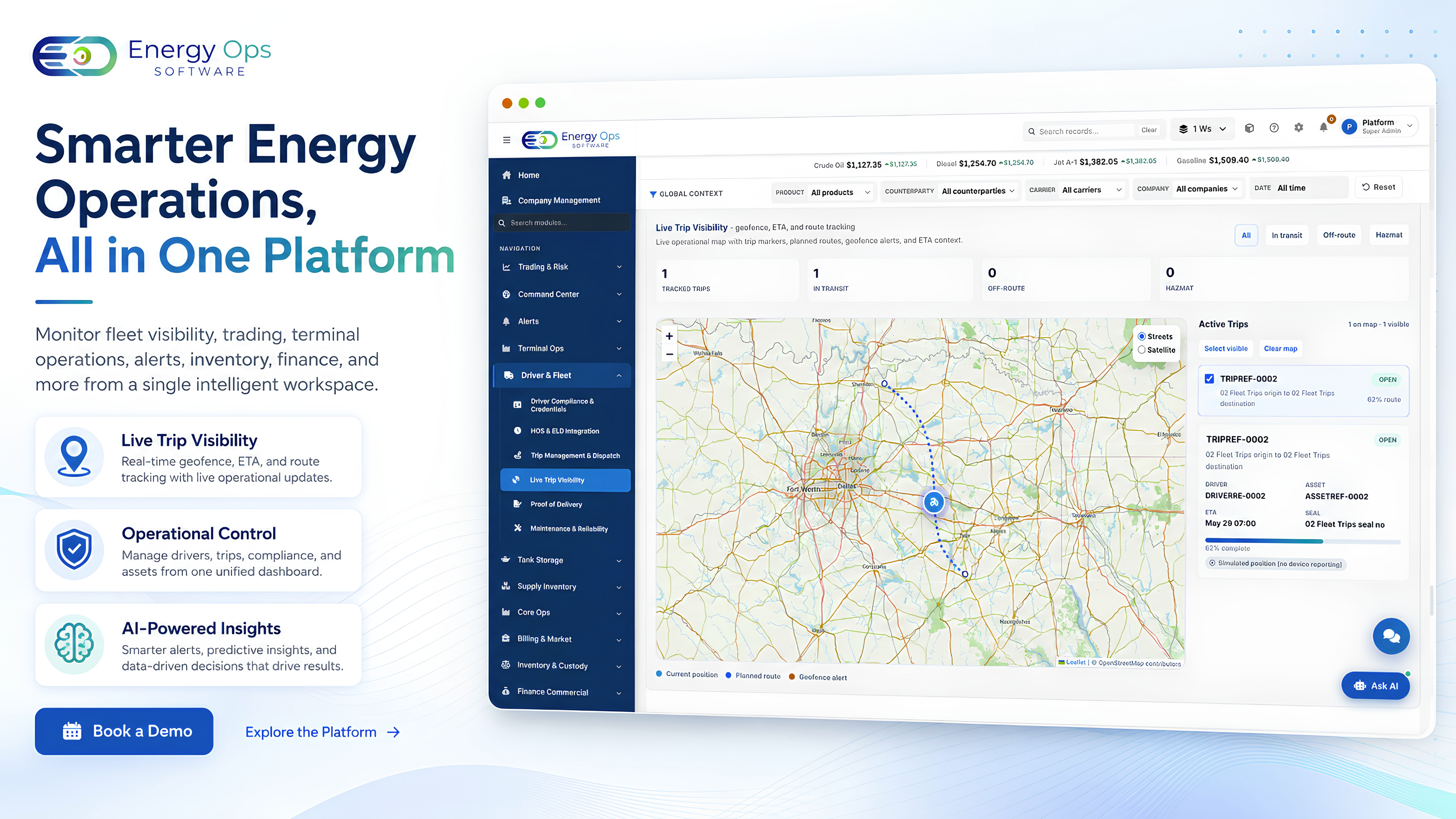 Energy Ops Software live trip visibility map with route tracking, geofence context, and active trip details